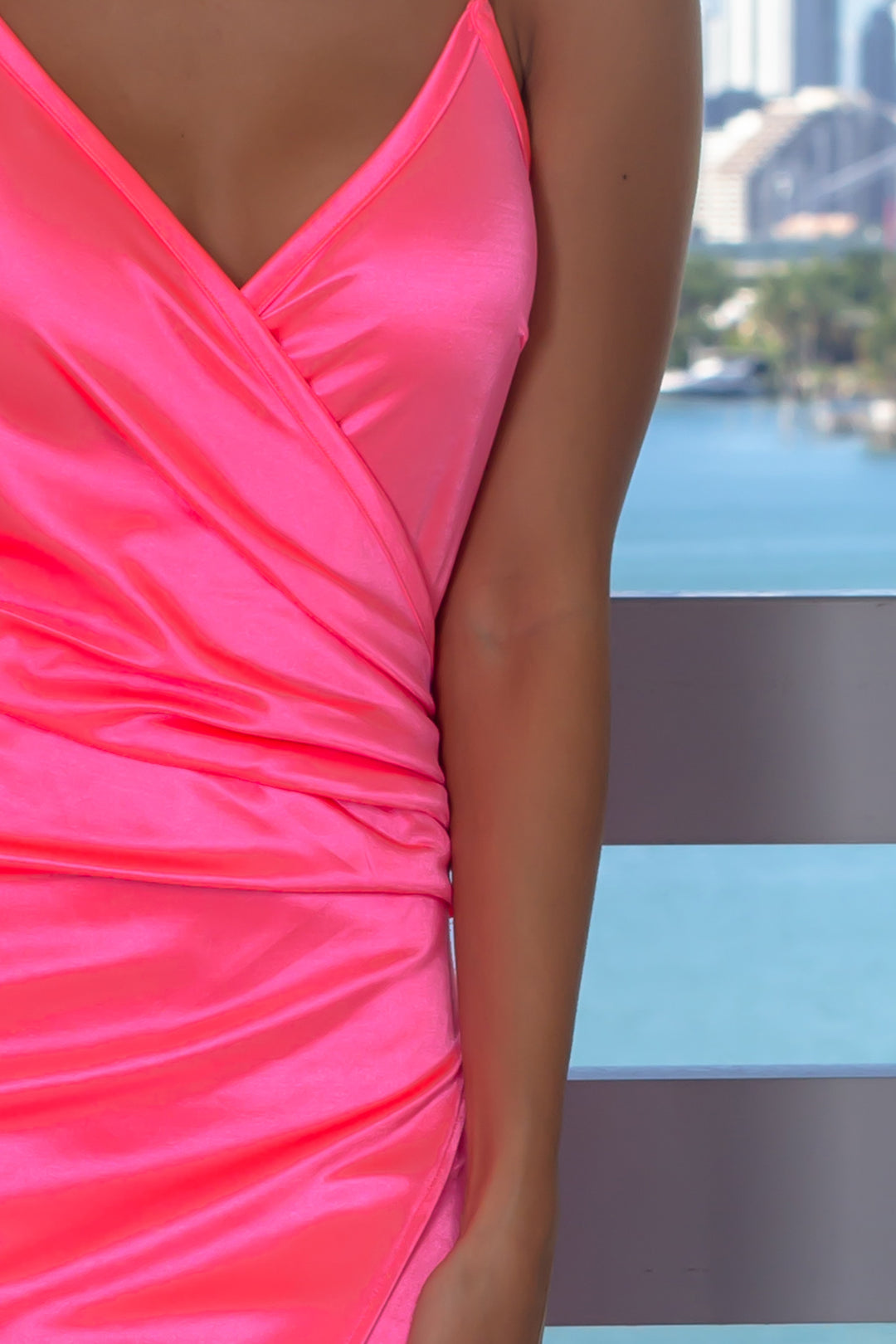 Neon Pink Satin Short Dress with Ruched Side | Short Dresses  Saved by the  Dress