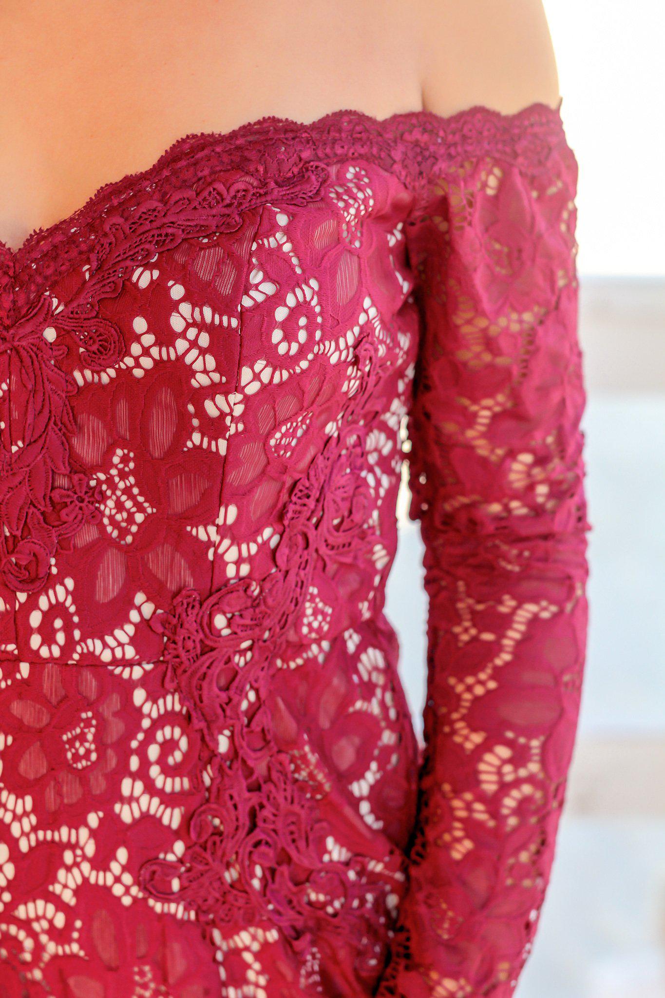 Burgundy Lace Off Shoulder Short Dress with Long Sleeves