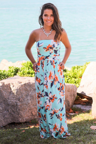 Mint and Orange Floral Strapless Maxi Dress with Pockets | Maxi Dresses Saved by the Dress Mint and Orange Floral Strapless Maxi Dress with Pockets | Maxi Dresses Saved by the Dress