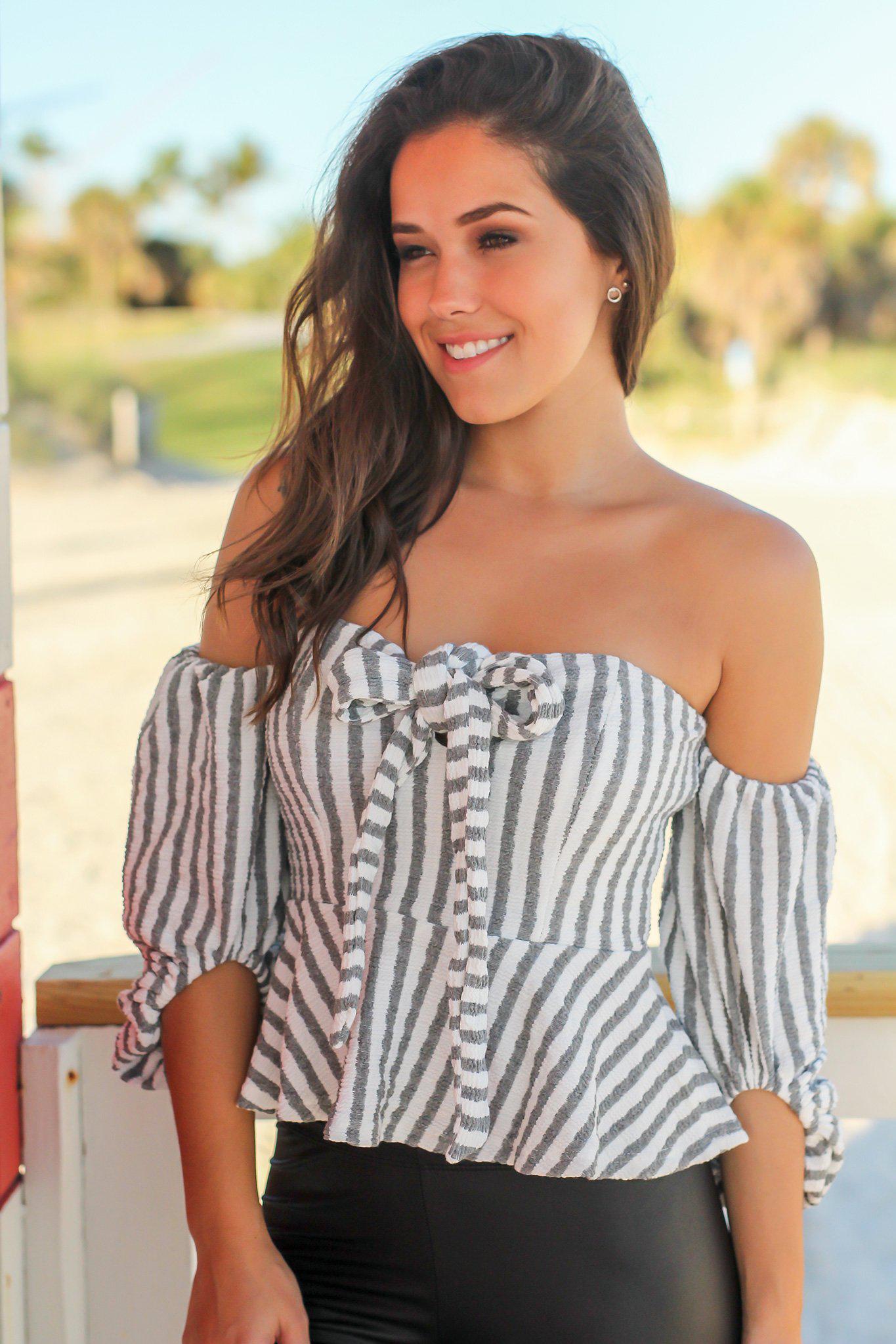 Gray and White Off Shoulder Striped Ruffle Top | Cute Tops – Saved by ...