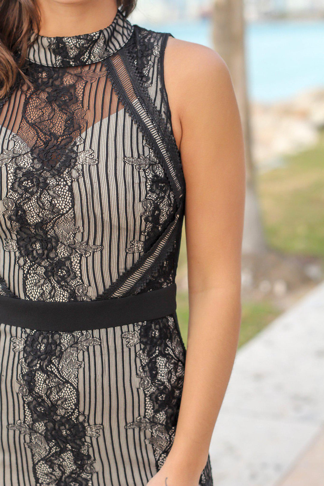 knee length dresses for ladies Black and Cream Lace Maxi Dress