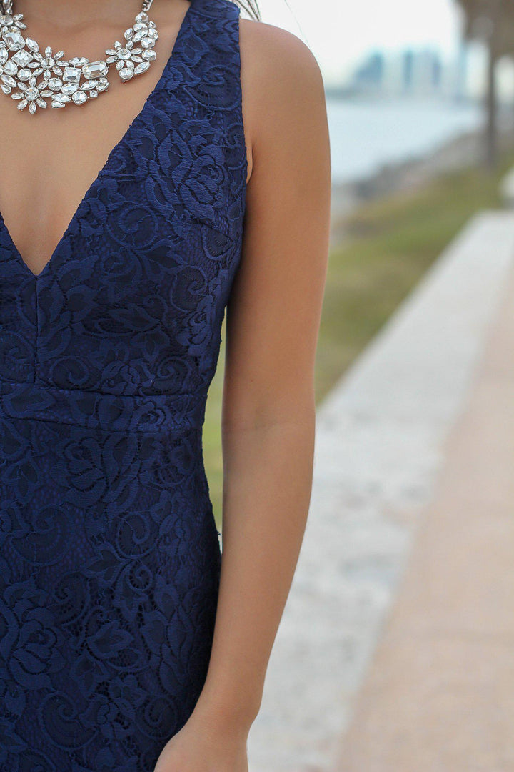 Navy Lace Maxi Dress with Open Back