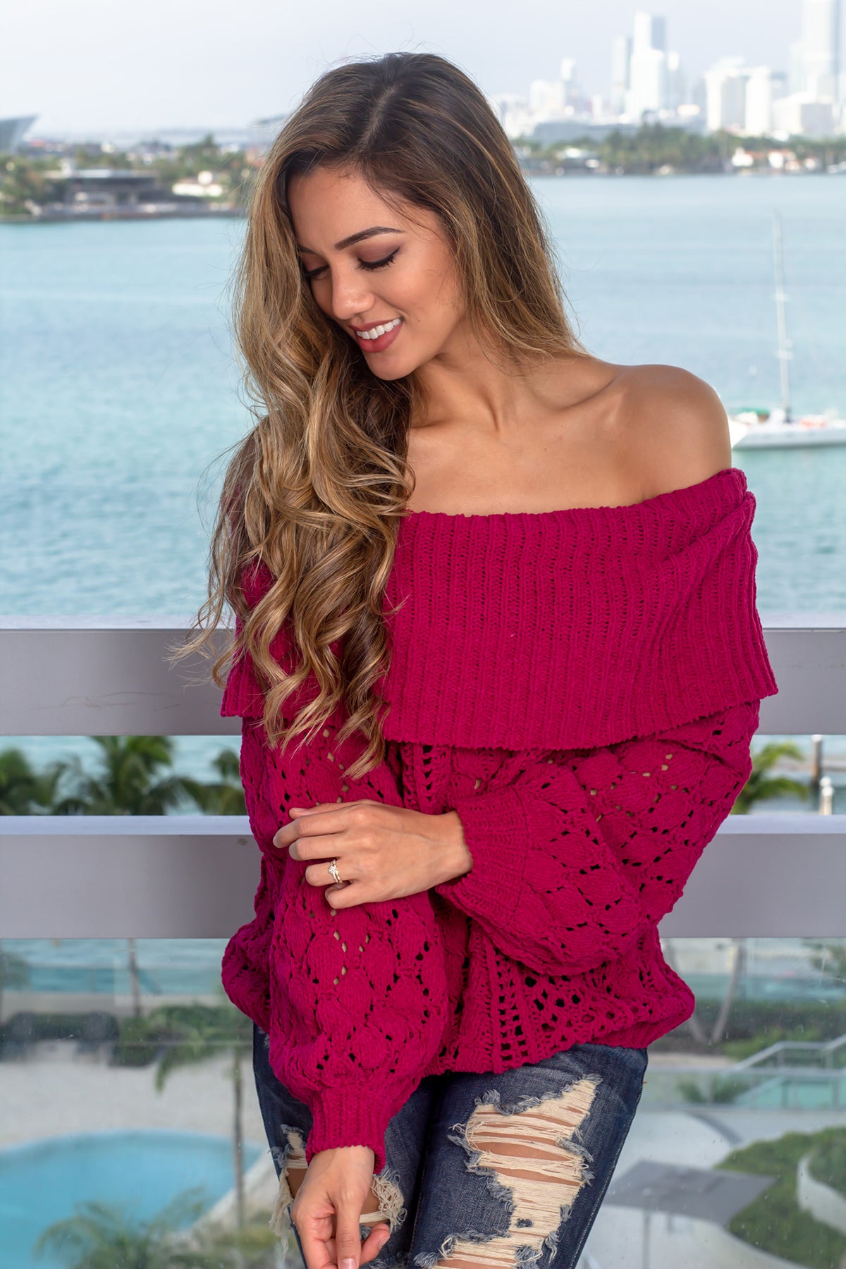 Berry Off Shoulder Crochet Sweater | Sweaters – Saved by the Dress