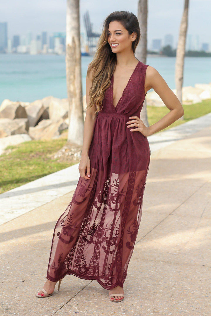 Burgundy Lace Sleeveless Maxi Romper Rompers Saved by the Dress