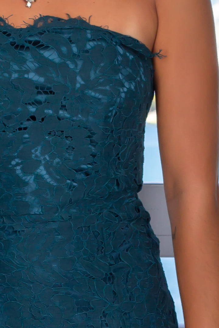 Teal Lace Strapless High Low Dress