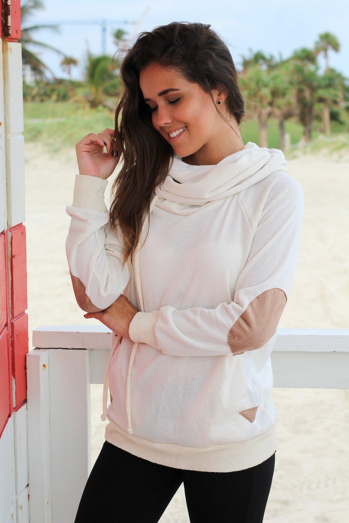Cream Cowl Neck Hoodie with Suede Details | Hoodie – Saved by the Dress