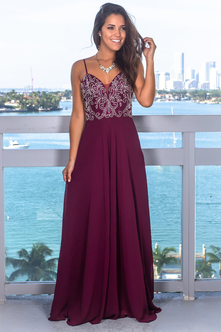 wine mesh dress Wine Sleeveless Jeweled Top Maxi Dress with Mesh Back