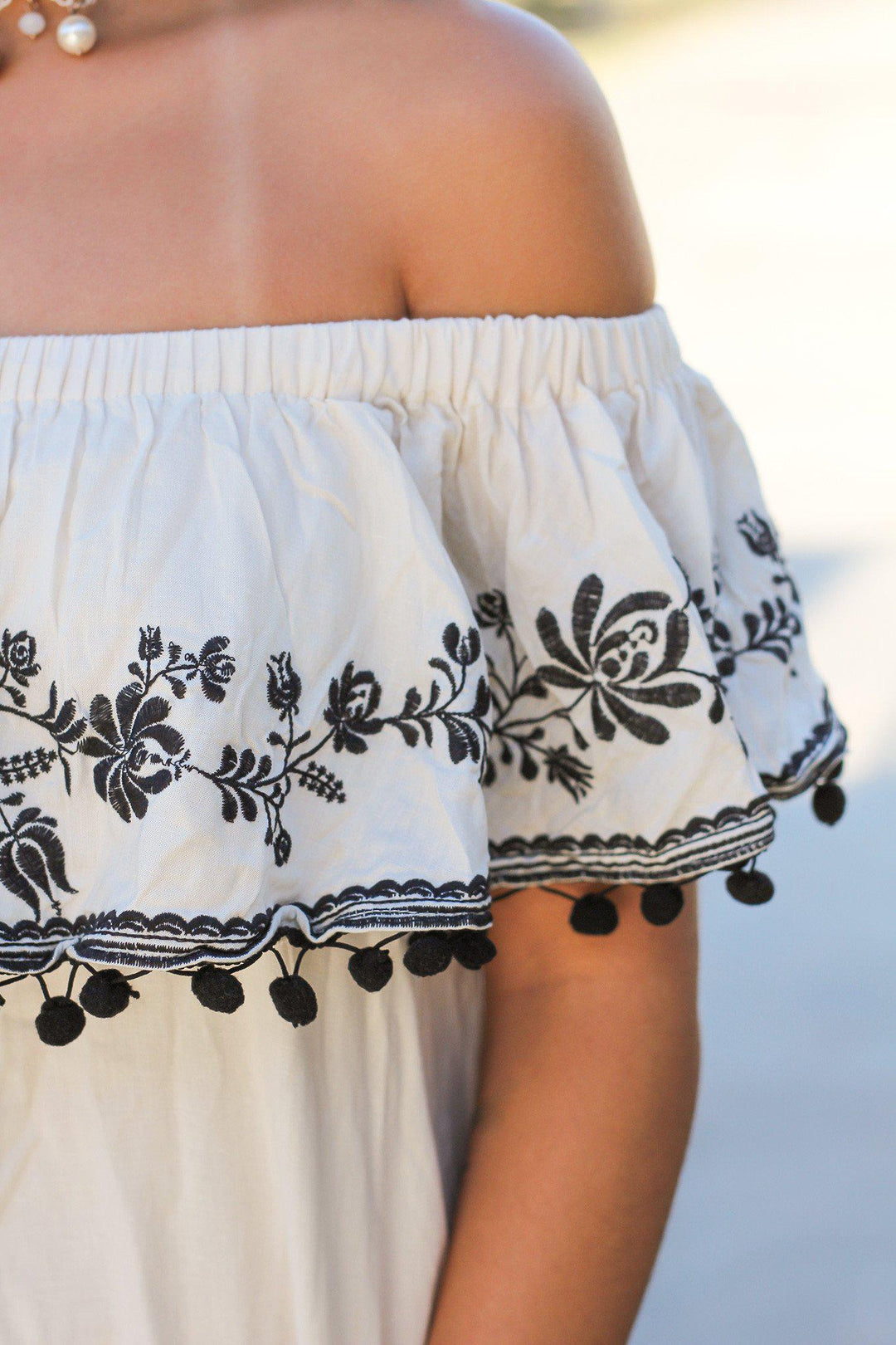 Off Shoulder Embroidered Pom Pom Dress | Short Dresses Saved by the Dress Off Shoulder Embroidered Pom Pom Dress | Short Dresses Saved by the Dress