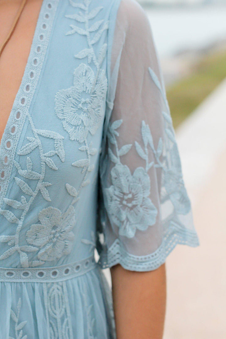 Misty Blue Lace Maxi Romper | Lace Romper