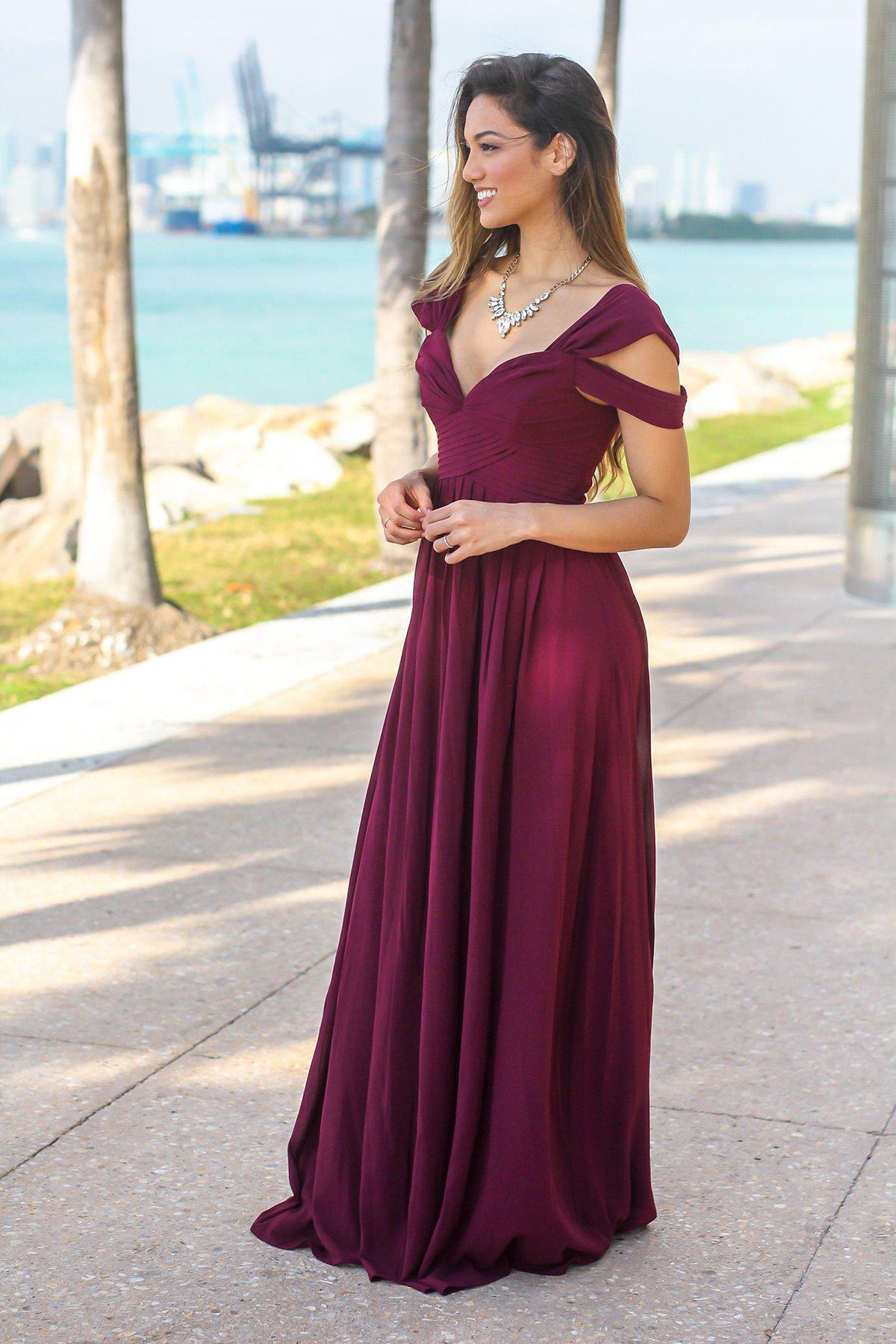 Wine Off Shoulder Maxi Dress | Bridesmaid Dresses – Saved by the Dress