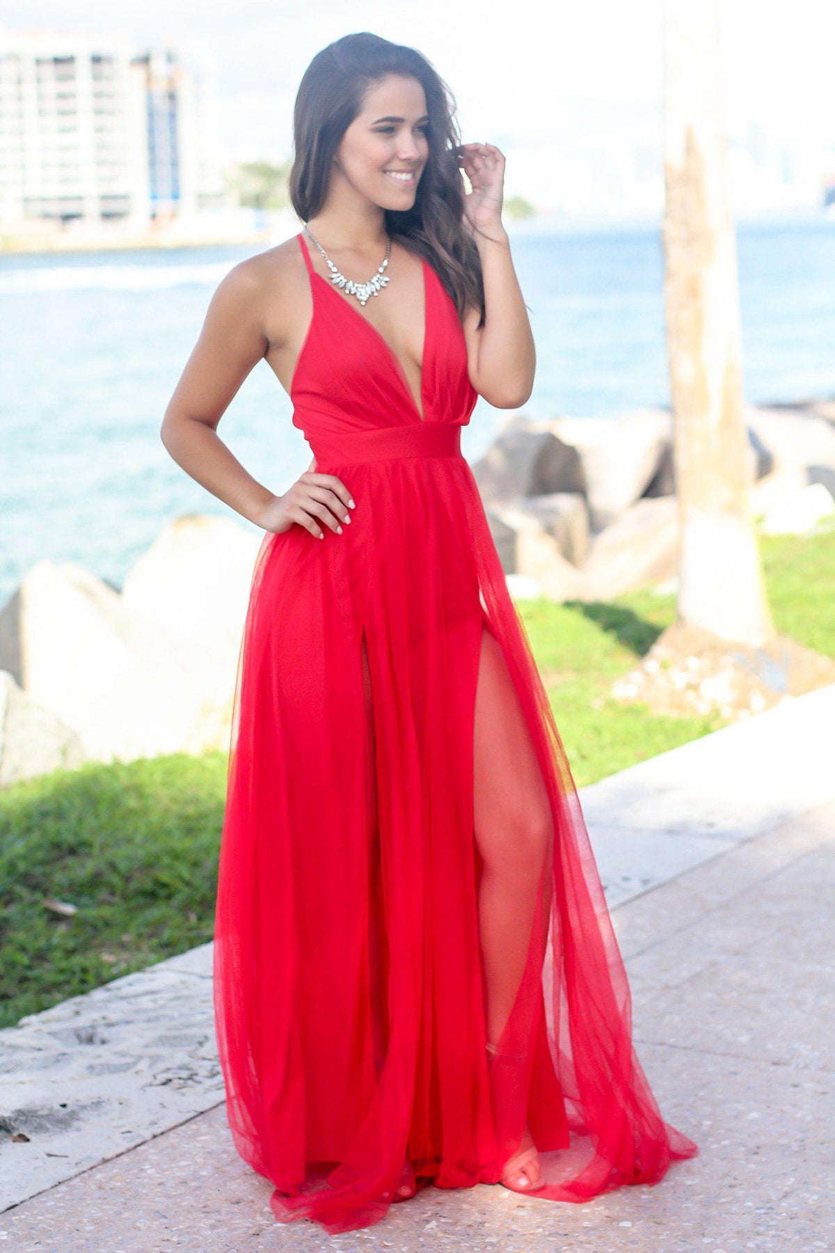 Ruched cross back self tie v neck maxi dress