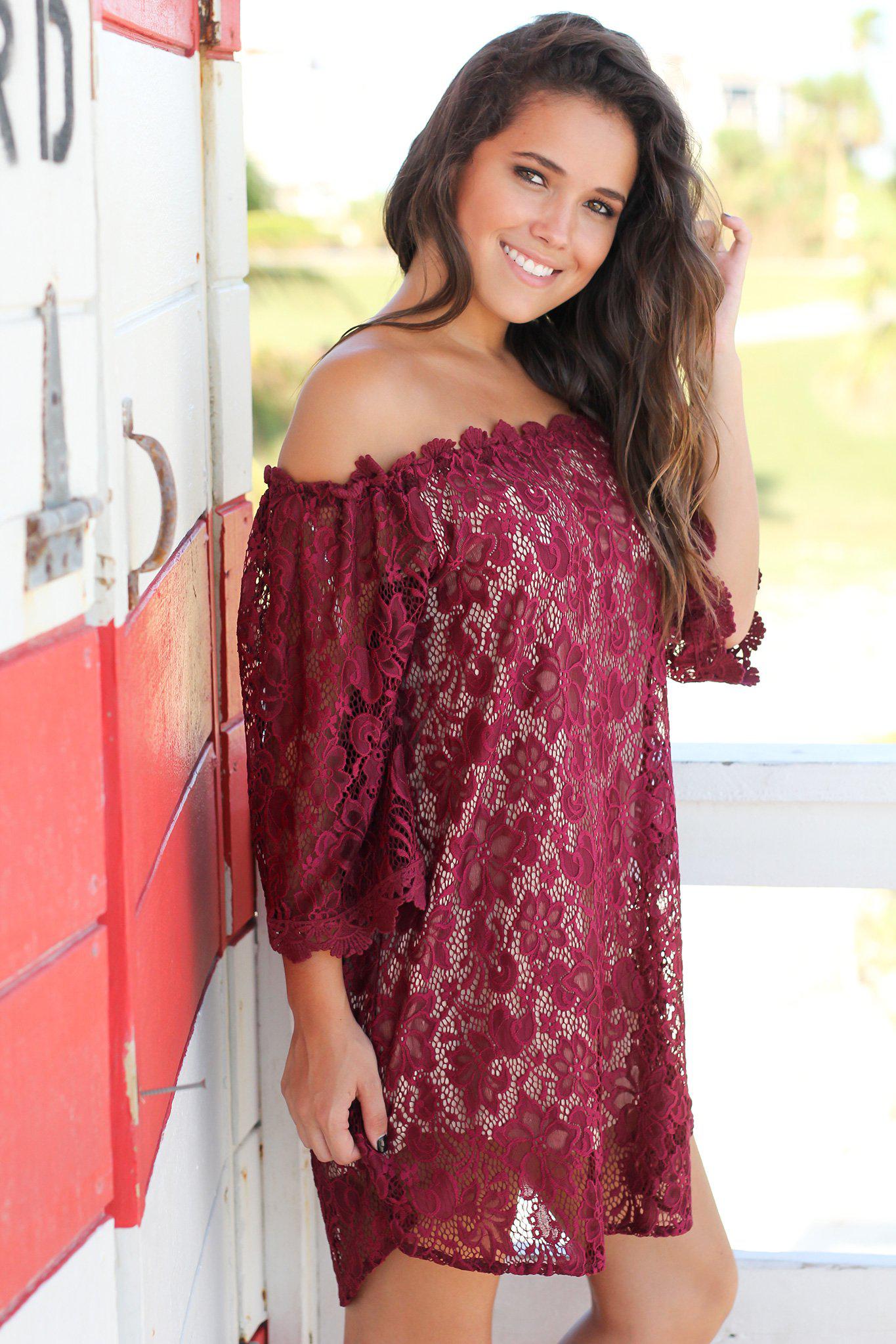 Burgundy Lace Off Shoulder Short Dress | Online Boutiques Saved by the Dress Burgundy Lace Off Shoulder Short Dress | Online Boutiques Saved by the Dress