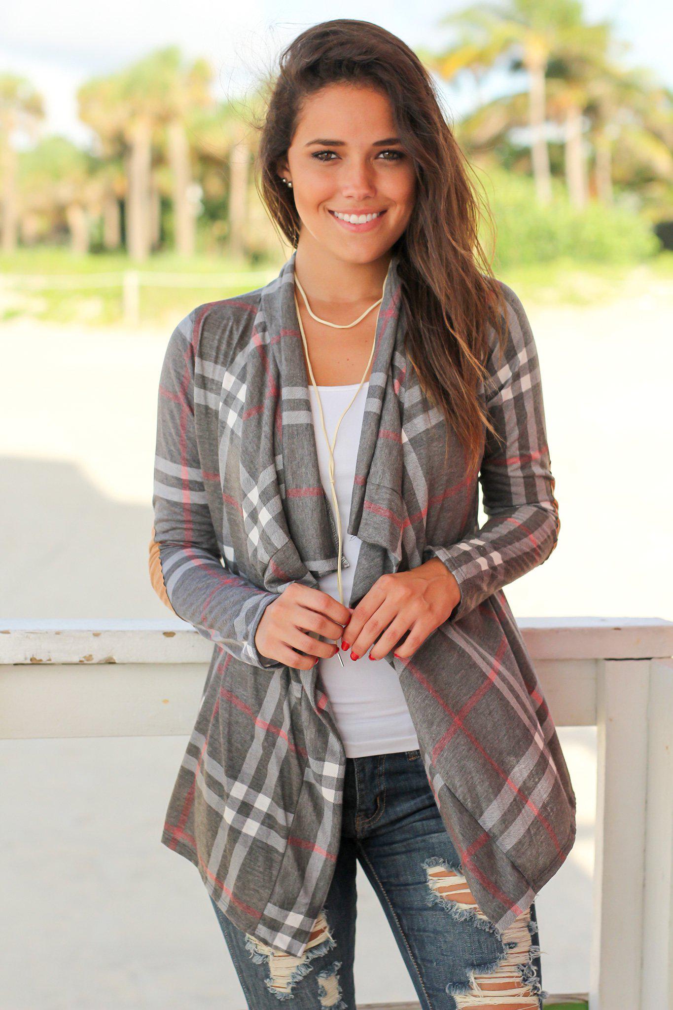 Gray Plaid Cardigan with Elbow Patches