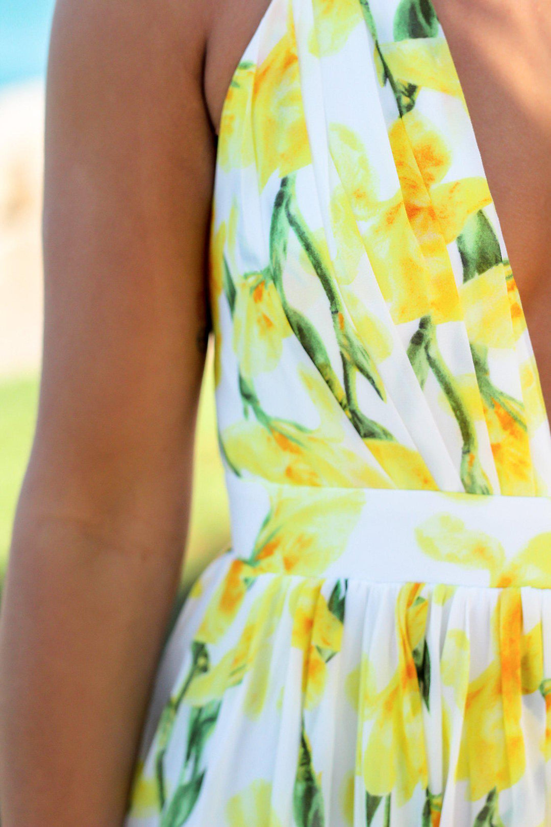 yellow and white floral maxi dress White and Yellow Floral Maxi Dress with Criss Cross Back
