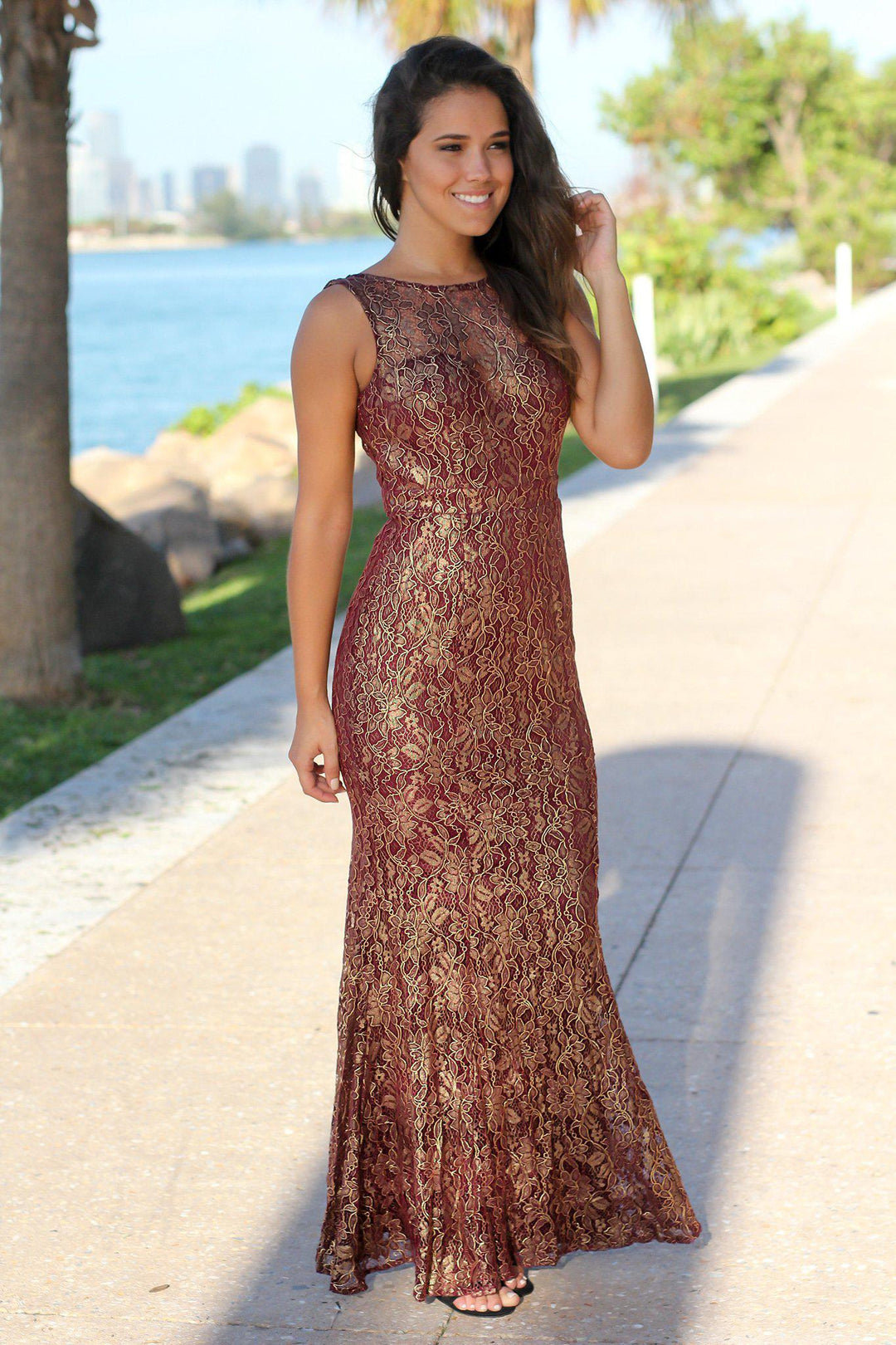 Burgundy and Gold Lace Maxi Dress with Open Back