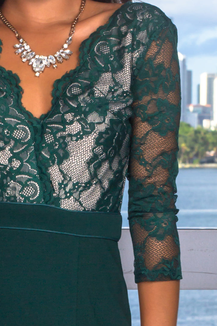Hunter Green Lace Top Maxi Dress with 3/4 Sleeves | Formal Dresses Saved by the Dress Hunter Green Lace Top Maxi Dress with 3/4 Sleeves | Formal Dresses Saved by the Dress