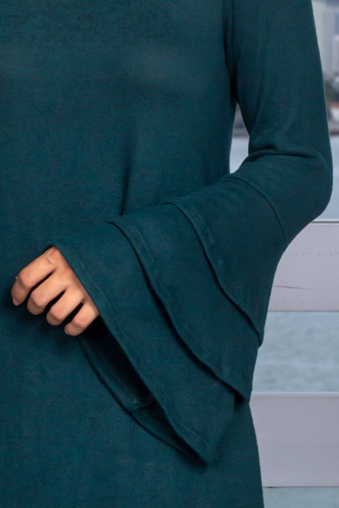 Hunter Green Short Dress with Ruffle Bell Sleeves
