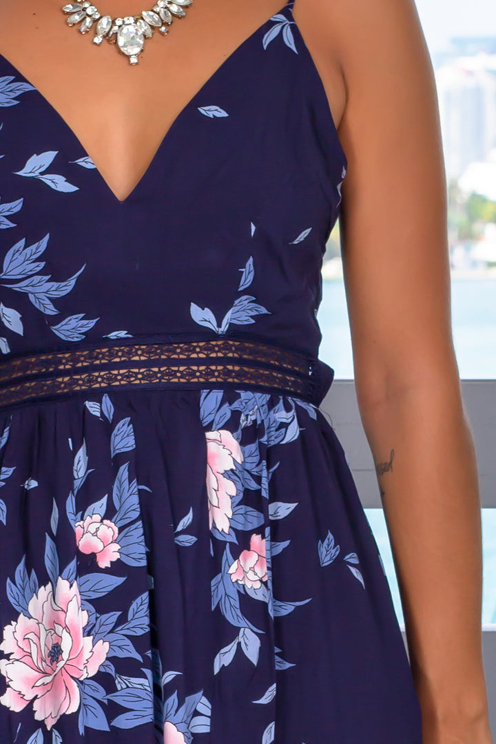 Navy Floral Maxi Dress with Tie Back and Crochet Trim | Maxi