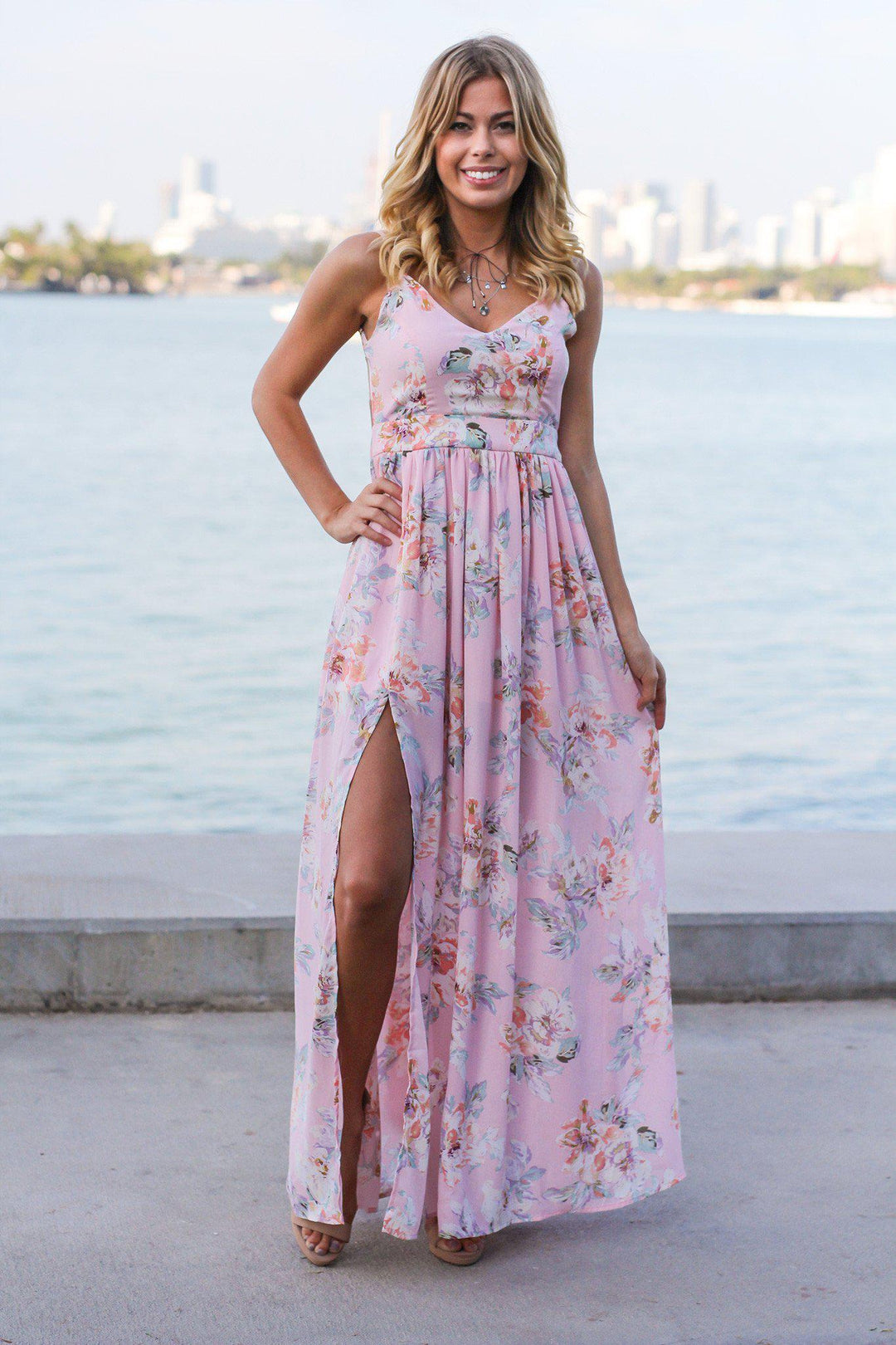 strapless open back dress Pink Floral A Line Cowl Neck Long Bridesmaid Dress with Slit