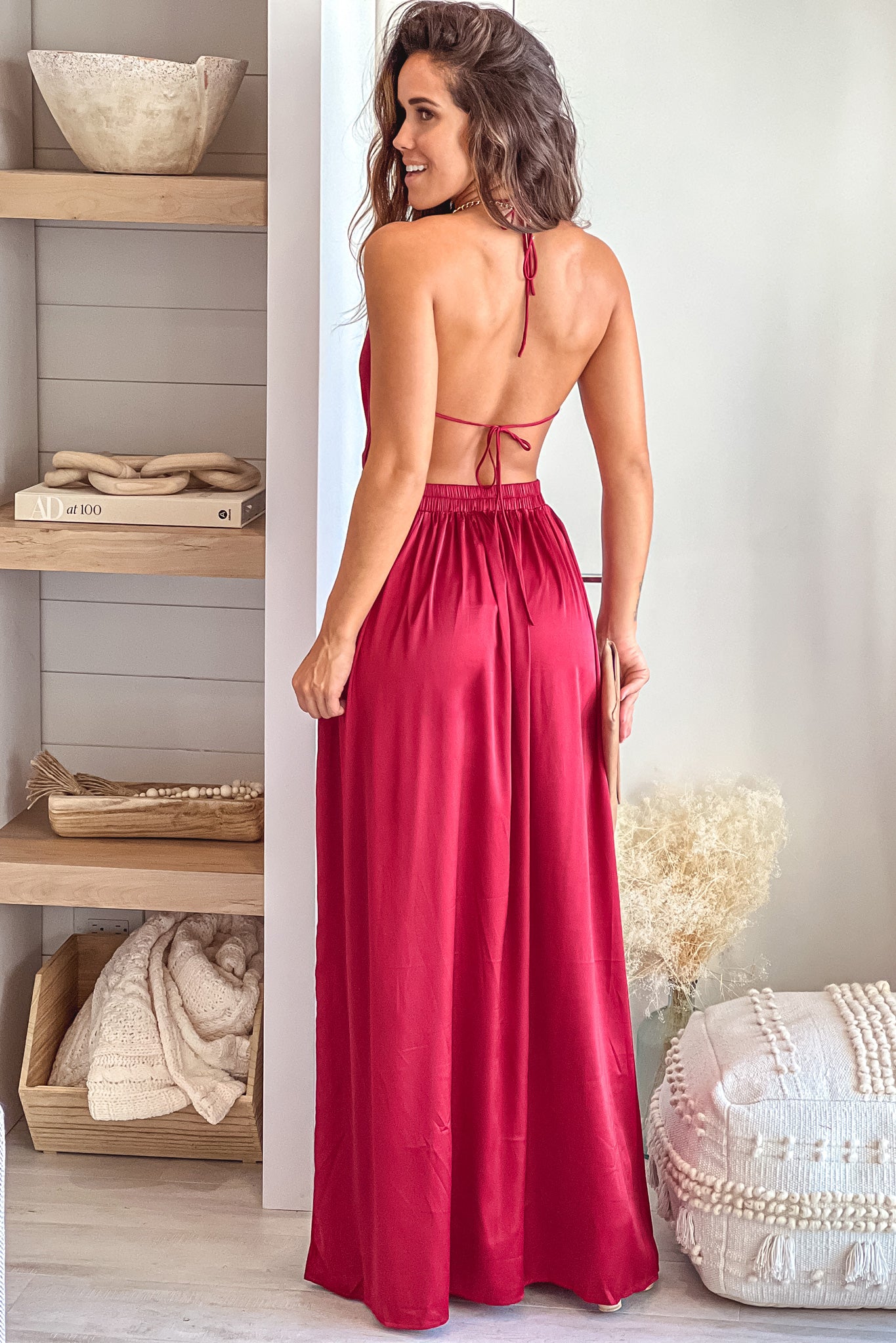 Laurie Burgundy Cowl Neck Maxi Dress w/ Open Back