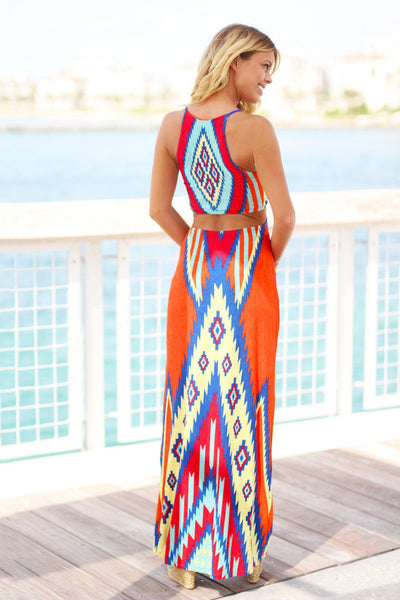 Orange Tribal Cut Out Maxi Dress
