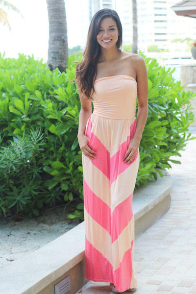 Peach And Pink Chevron Maxi Dress With Pockets