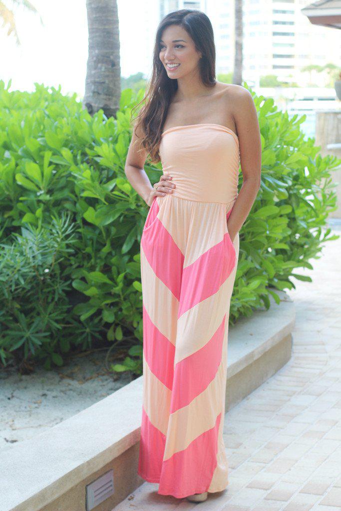 Peach And Pink Chevron Maxi Dress With Pockets