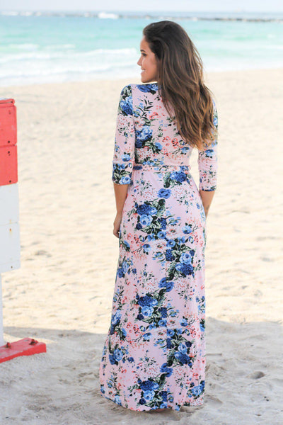 Peach Floral Wrap Maxi Dress with 3/4 Sleeves