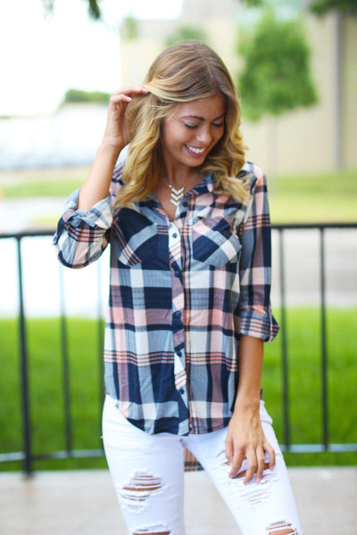 Peach and Navy Plaid Top