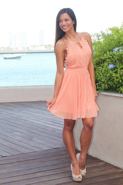 Peach Pleated Dress with Open Back