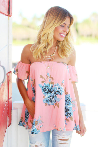 Peach and Blue Floral Off Shoulder Top