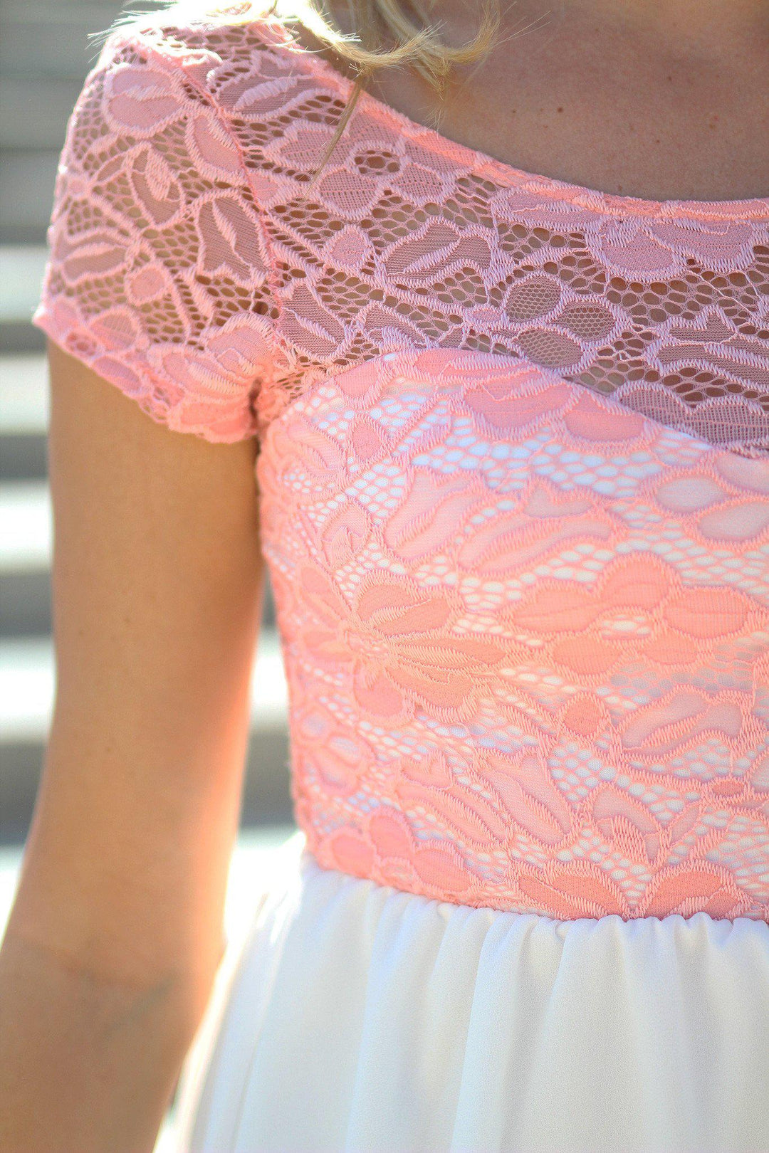 Peach and Ivory Short Dress with Lace Top | Short Dress Saved by the Dress Peach and Ivory Short Dress with Lace Top | Short Dress Saved by the Dress