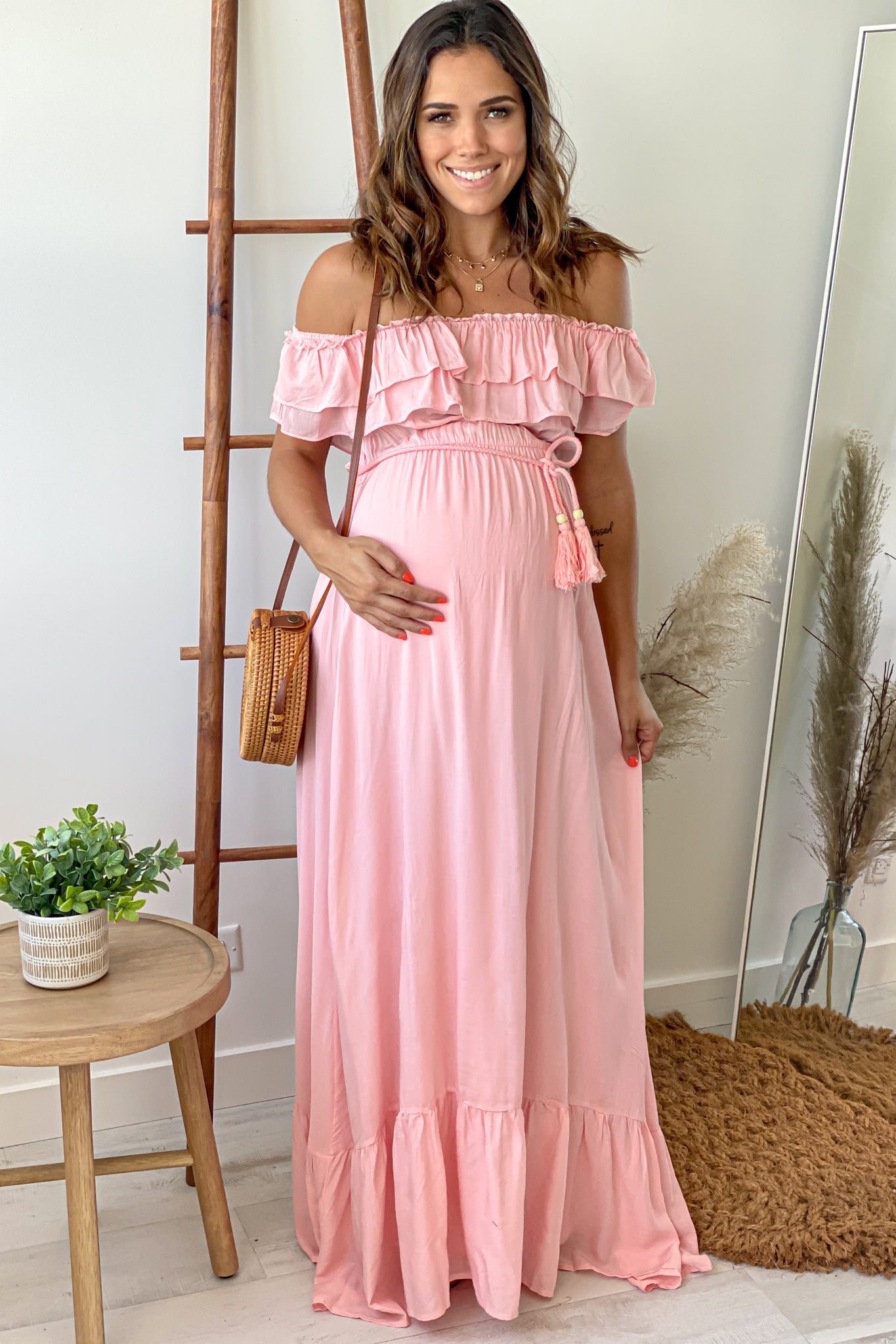 Pink Off Shoulder Waist Tie Maternity Maxi Dress