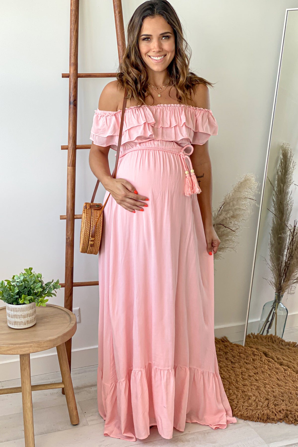 Pink Off Shoulder Waist Tie Maternity Maxi Dress | Saved By The Dress Saved by the Dress Pink Off Shoulder Waist Tie Maternity Maxi Dress | Saved By The Dress Saved by the Dress