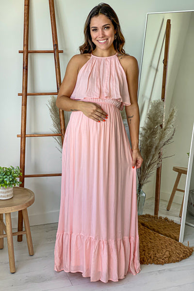Pink Ruffled Top Maternity Maxi Dress