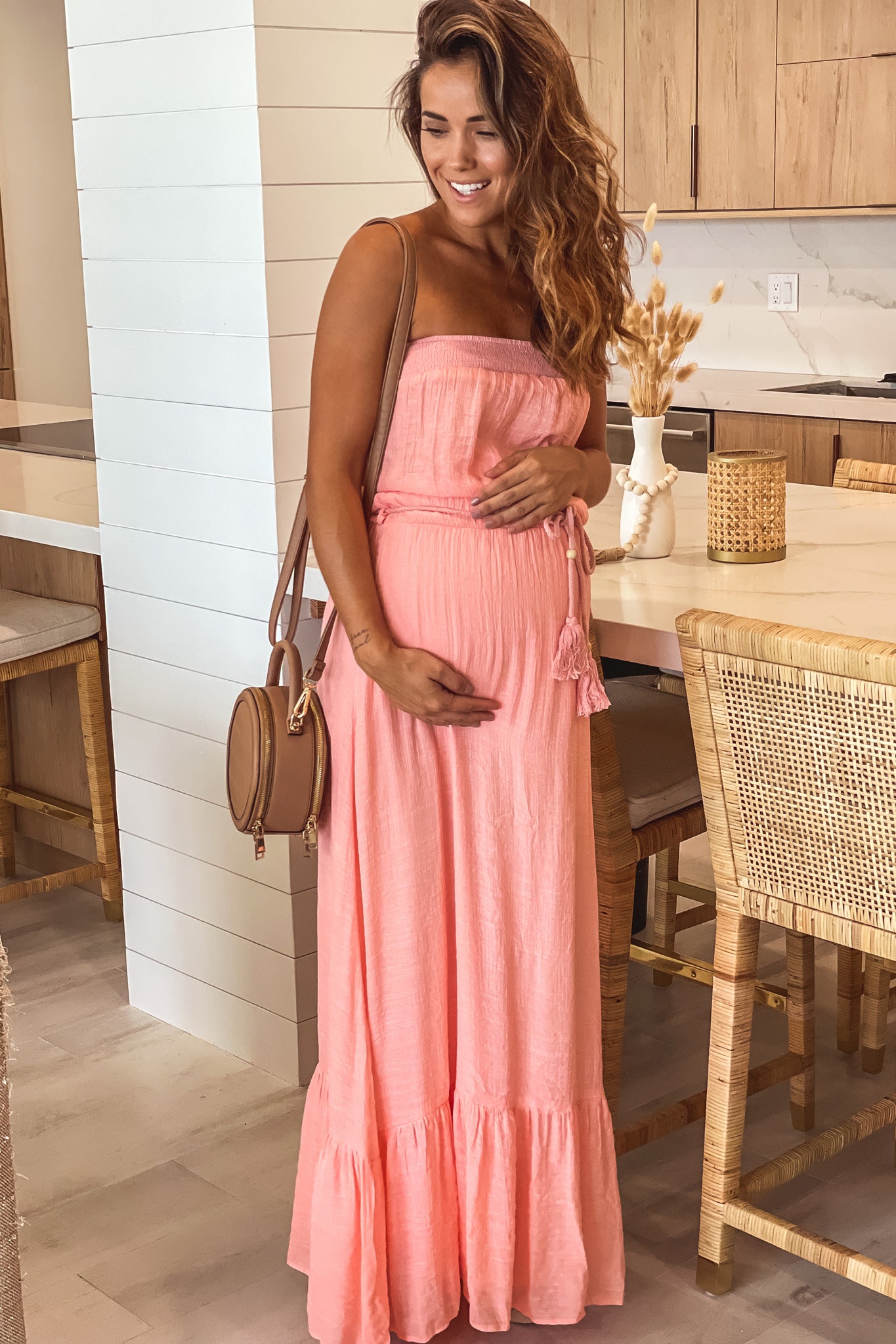 Pink Strapless Maternity Maxi Dress
