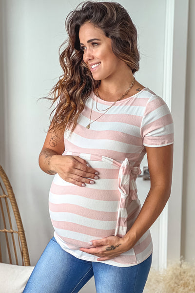 Pink Striped Maternity Top with Beltt
