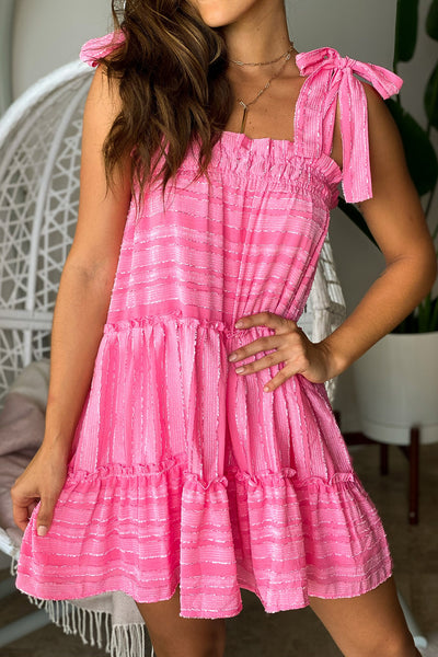 Pink Striped Short Dress with Ruffle Detail