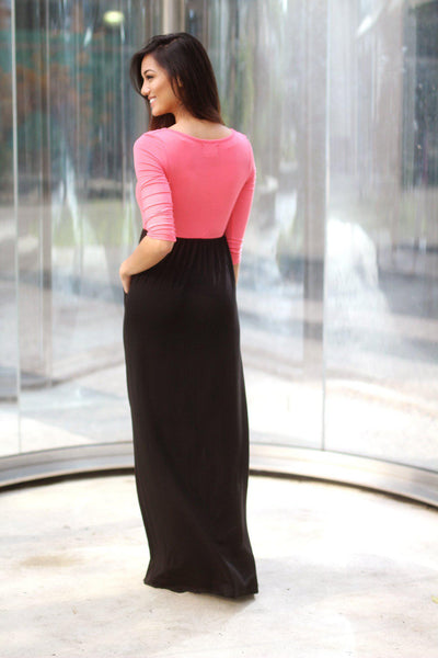 Pink And Black Maxi Dress With 3/4 Sleeves