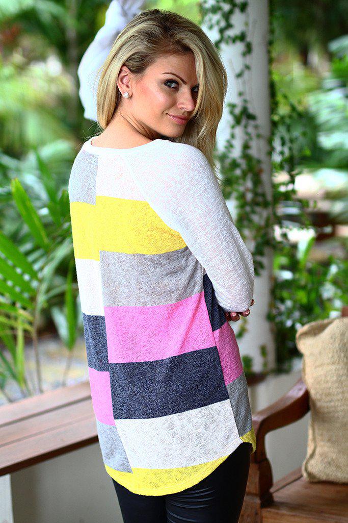 Pink And Yellow Color Block Top With Crochet Pocket