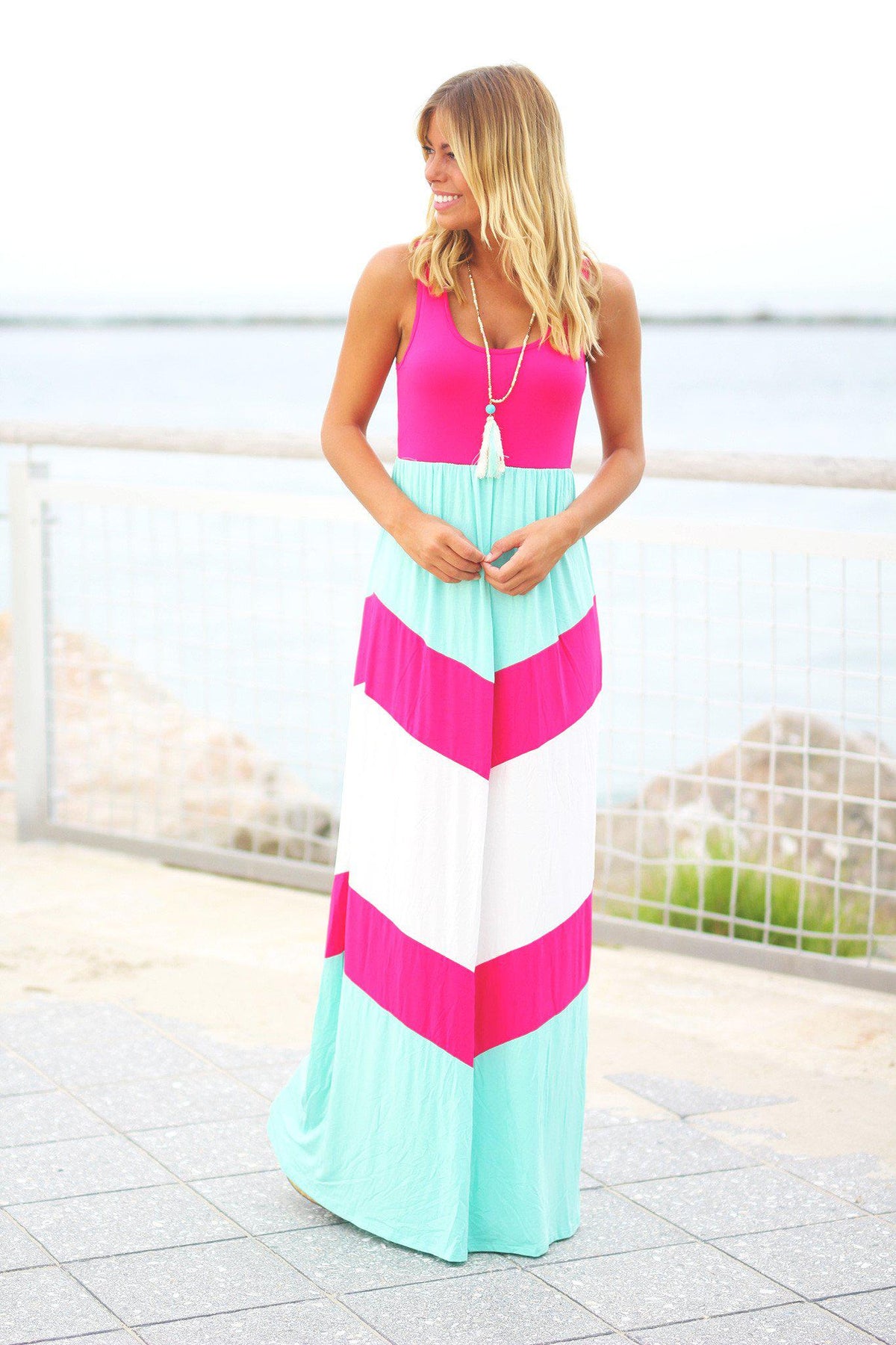 Pink and Mint Chevron Maxi Dress | Beautiful Dresses – Saved by the Dress