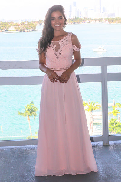 Pink Cold Shoulder Maxi Dress with Crochet Top