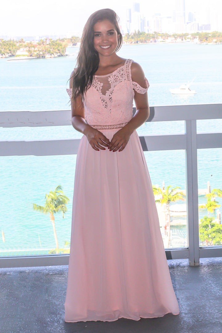 fitted lace wedding dress Happy Clothing Cult Mia x Happy Clothing Sienna Cold Shoulder Taffeta Maxi Dress in Pink main image 0