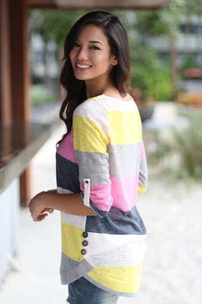 Pink and Yellow Color Block Top With Buttons