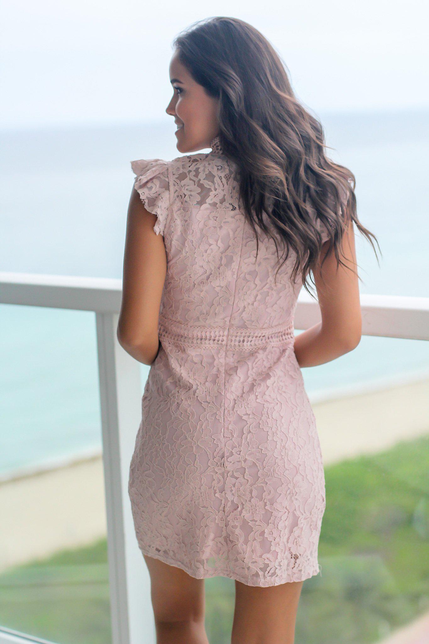 Pink Crochet Short Dress with High Neck
