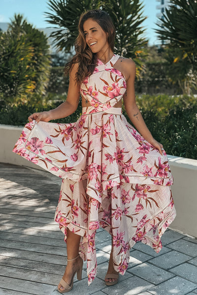 Pink Cut Out Floral High Low Dress