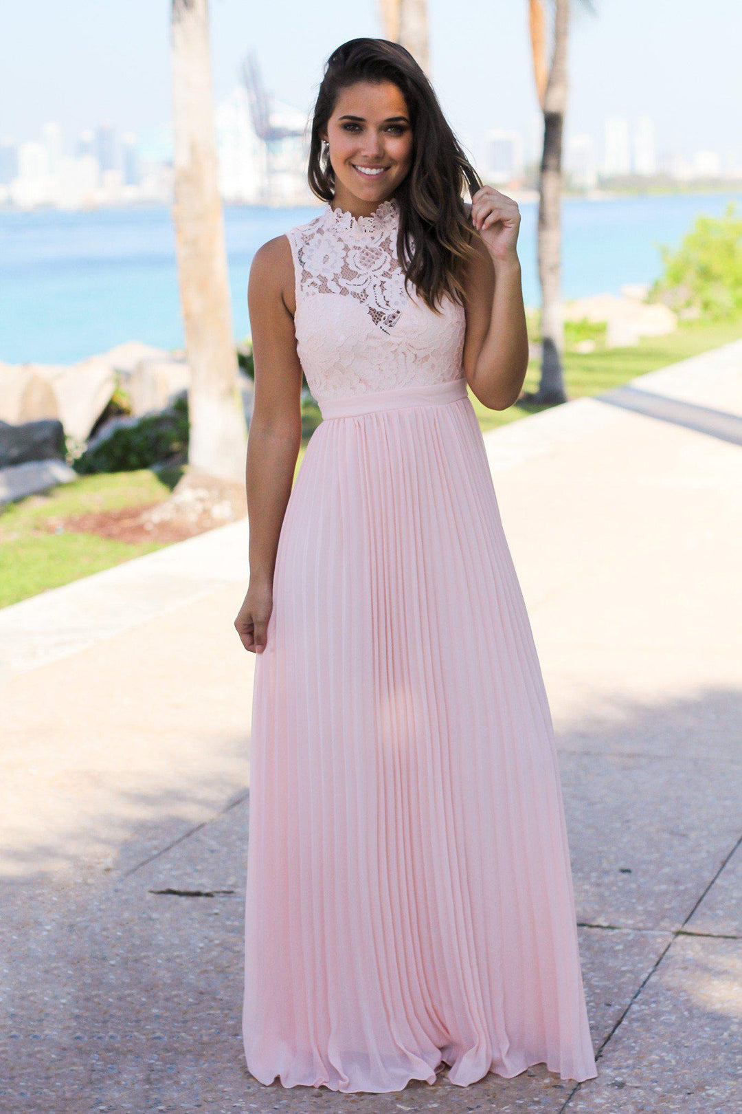 Pink Lace Maxi Dress with Pleated Skirt | Bridesmaid Dresses Saved by the Dress Pink Lace Maxi Dress with Pleated Skirt | Bridesmaid Dresses Saved by the Dress