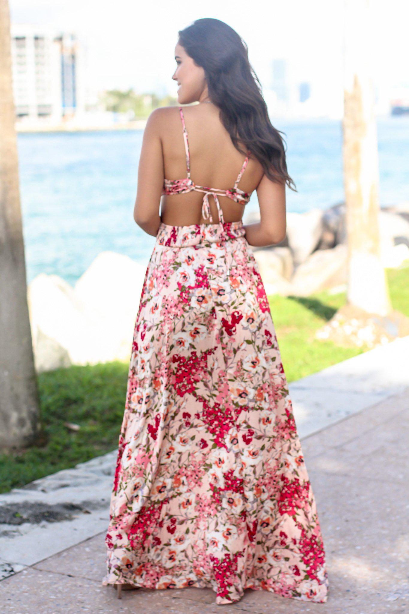 Pink Floral Maxi Dress with Cut Outs