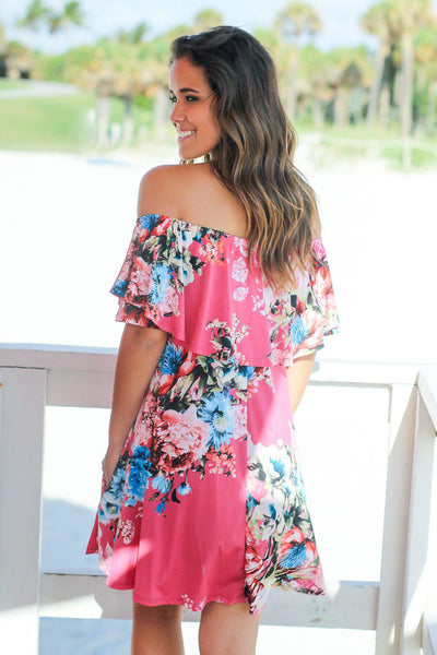 Pink Floral Off Shoulder Short Dress