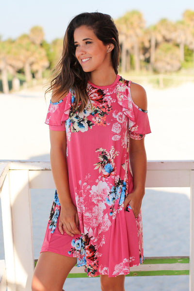 Pink Floral Open Shoulder Short Dress